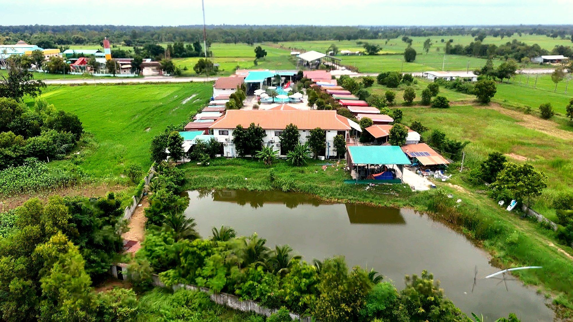 Luftaufnahme des Resorts mit Teich, Haupthaus und den umliegenden Reisfeldern