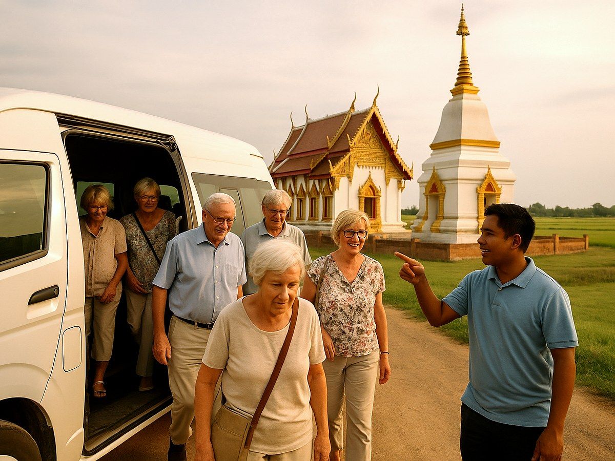 Ausflugsgruppe steigt vor einem Tempel im Isaan aus dem Kleinbus