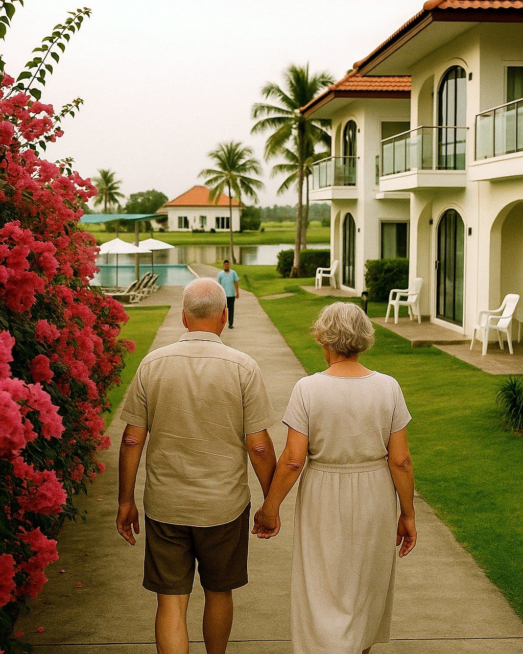 Paar spaziert Hand in Hand den Weg zwischen Bougainvillea und Häusern entlang