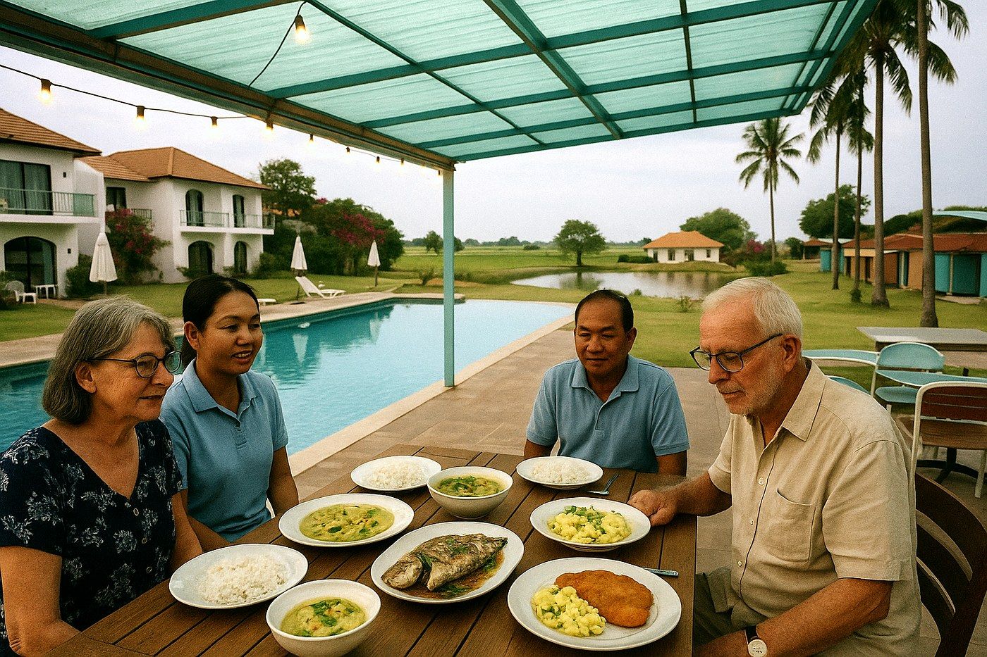 Gemeinsames Abendessen am Pool mit thailändischen und deutschen Gerichten