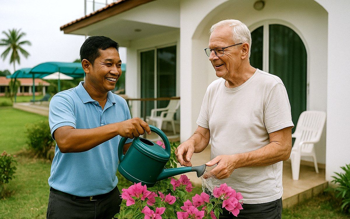 Mitarbeiter hilft einem Bewohner beim Gießen der Bougainvillea vor seinem Haus