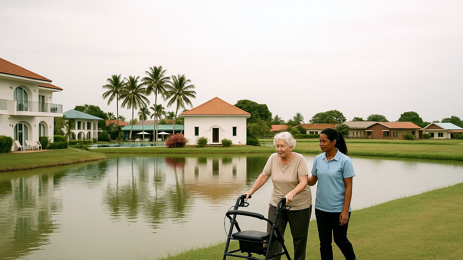 Bewohnerin mit Rollator und Betreuerin beim Spaziergang am Teich