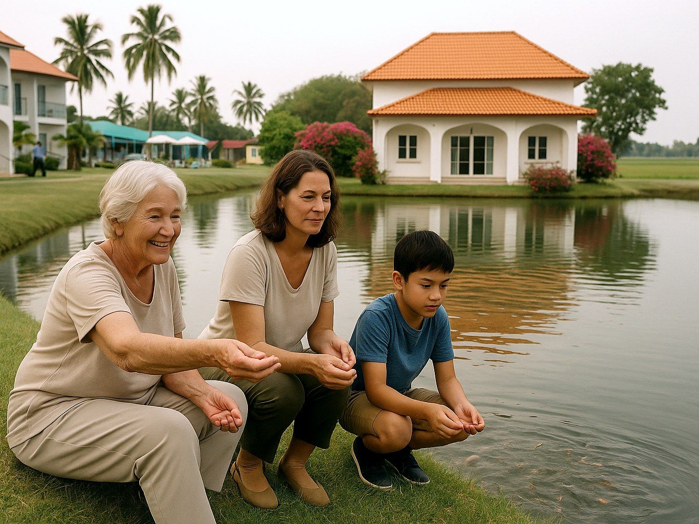 Drei Generationen füttern gemeinsam die Fische am Teich des Resorts