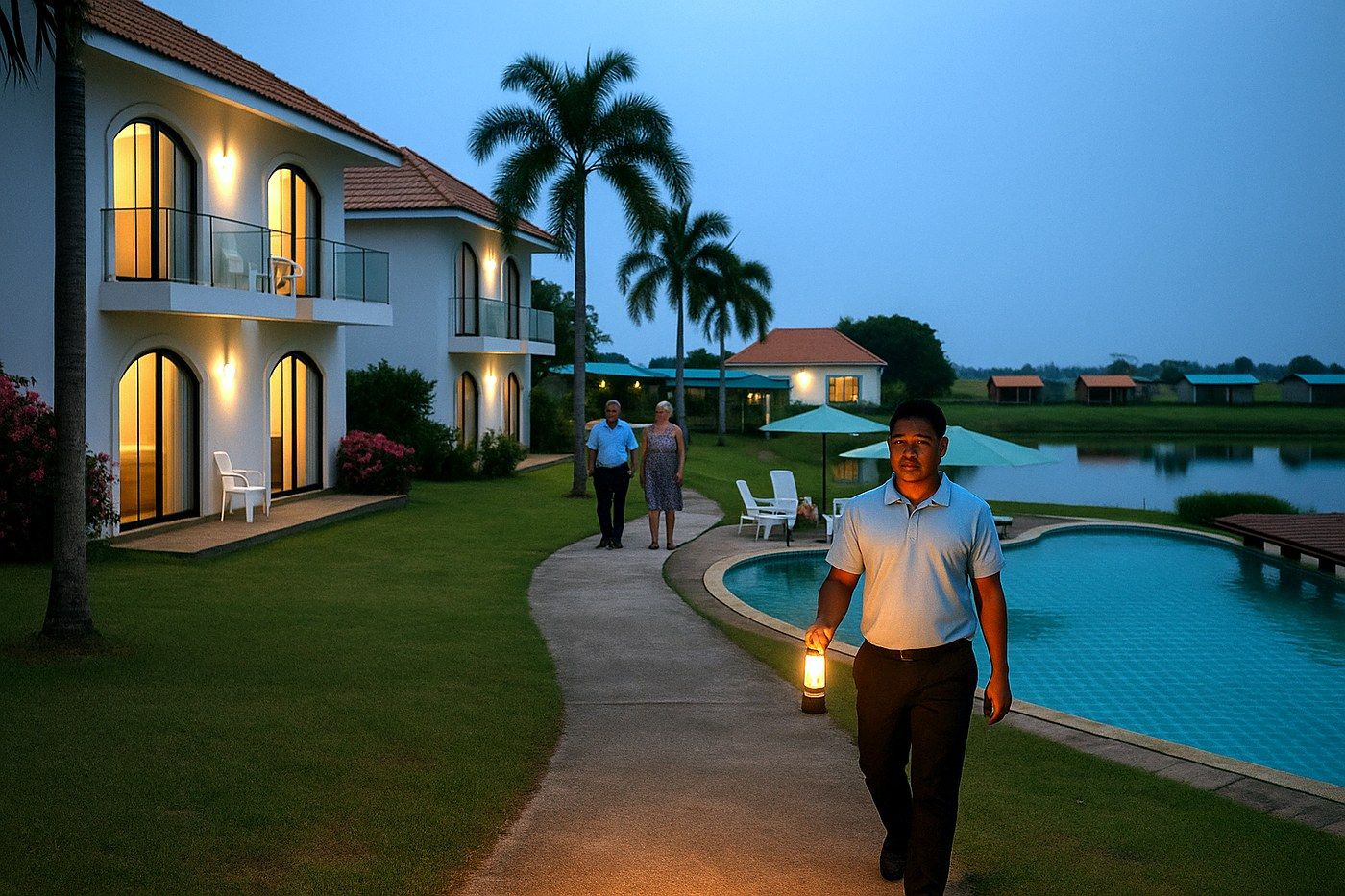 Mitarbeiter geht am Abend mit einer Laterne die beleuchteten Wege des Resorts ab
