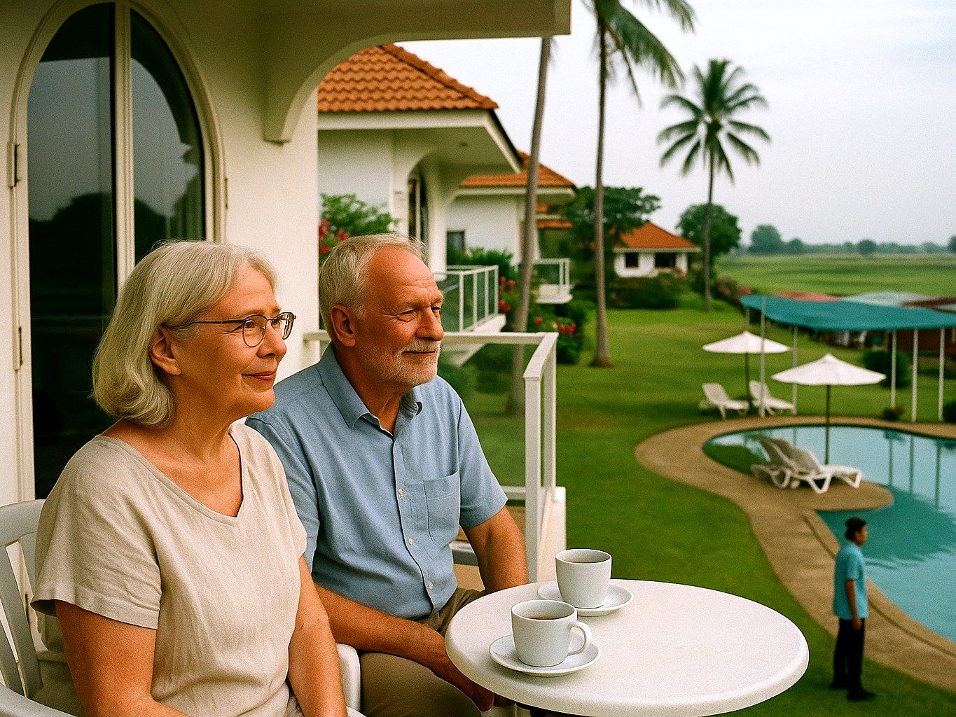 Älteres Paar beim Morgenkaffee auf der Terrasse seines Hauses, mit Blick auf Garten und Pool